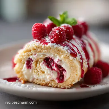 Decadent Raspberry White Chocolate Cake Roll for 10 Servings Recipe Card