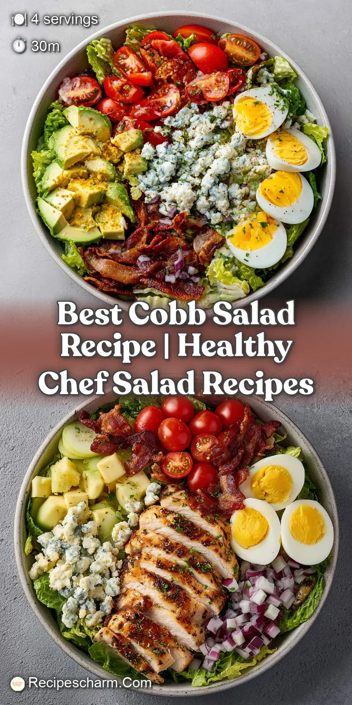Close-up of a fresh Cobb salad, highlighting the fluffy texture of crumbled bacon and the glossy sheen of avocado.