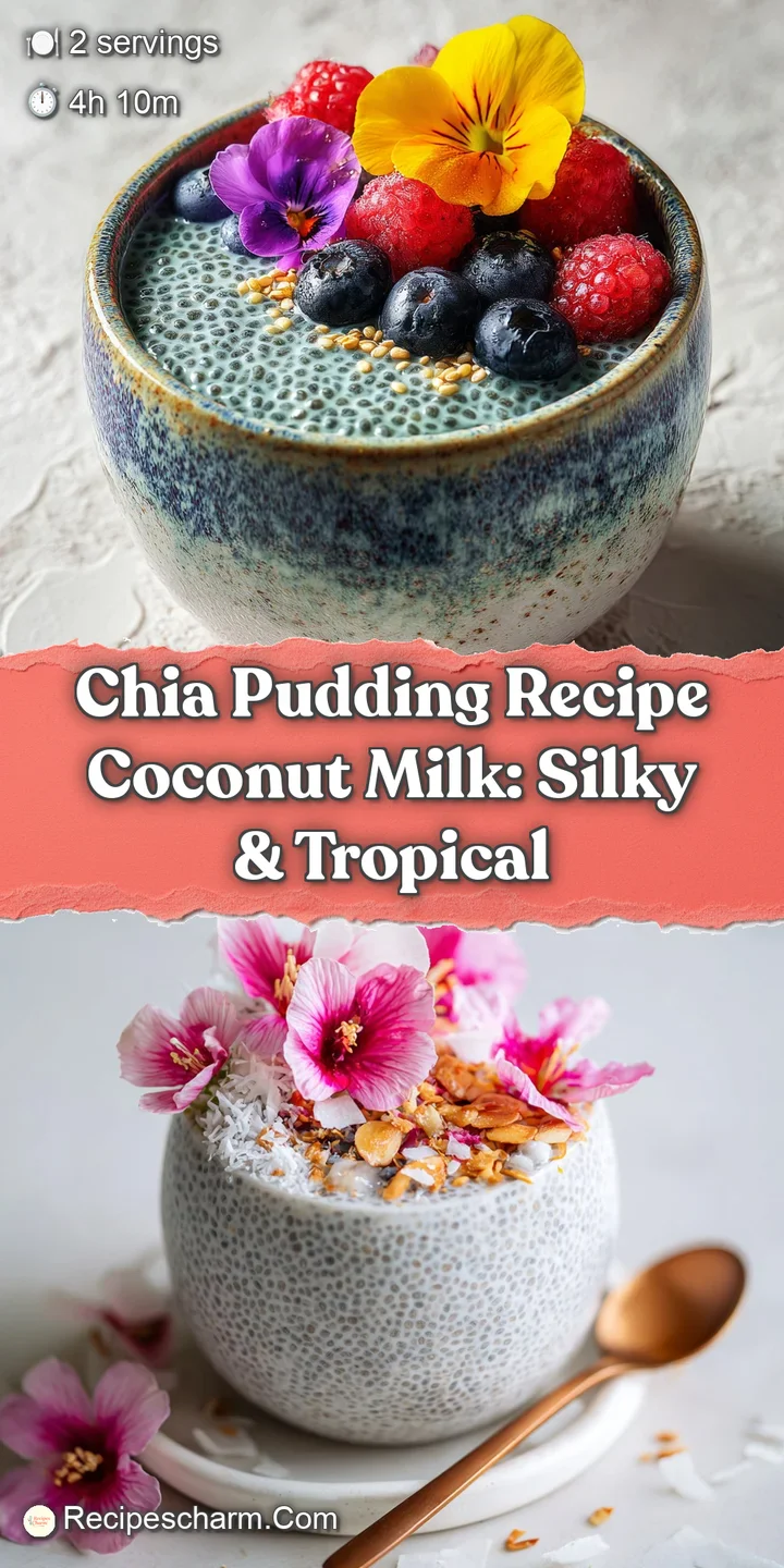 Close-up of a creamy, glistening chia pudding, textured with coconut flakes and dotted with vibrant, plump red raspberries.