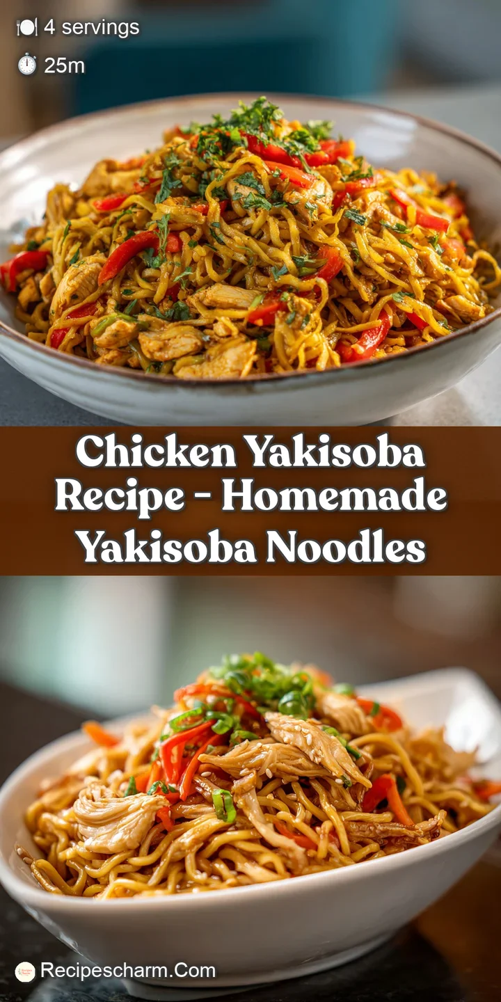 Close-up of chicken yakisoba noodles, showcasing tender chicken and vibrant vegetables coated in a rich, umami-packed sauce.