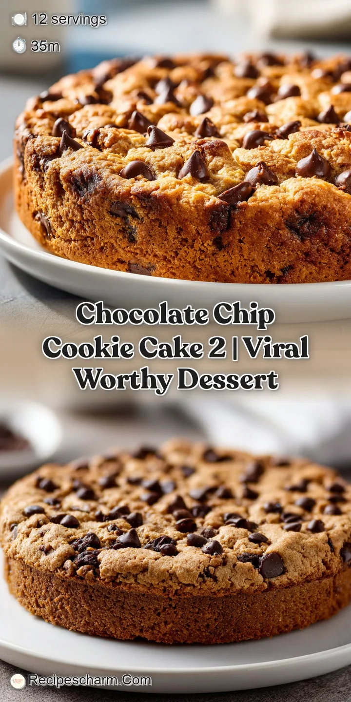 Close-up of a soft, chewy chocolate chip cookie cake; molten chocolate pools in the crevices of the warm, baked dough.