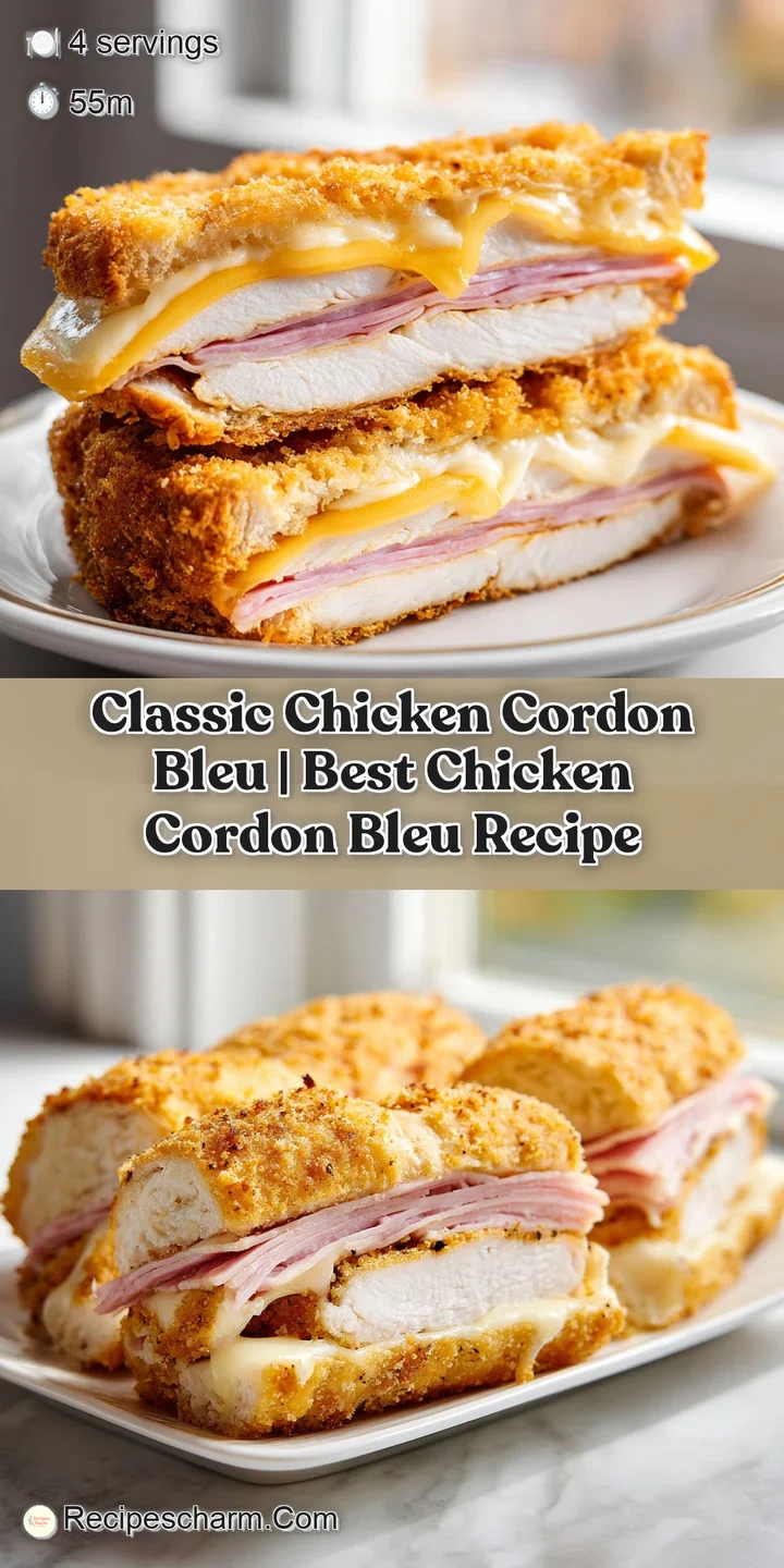 Close-up of melted white cheese oozing from a crispy, golden-brown breaded chicken breast with pink ham.