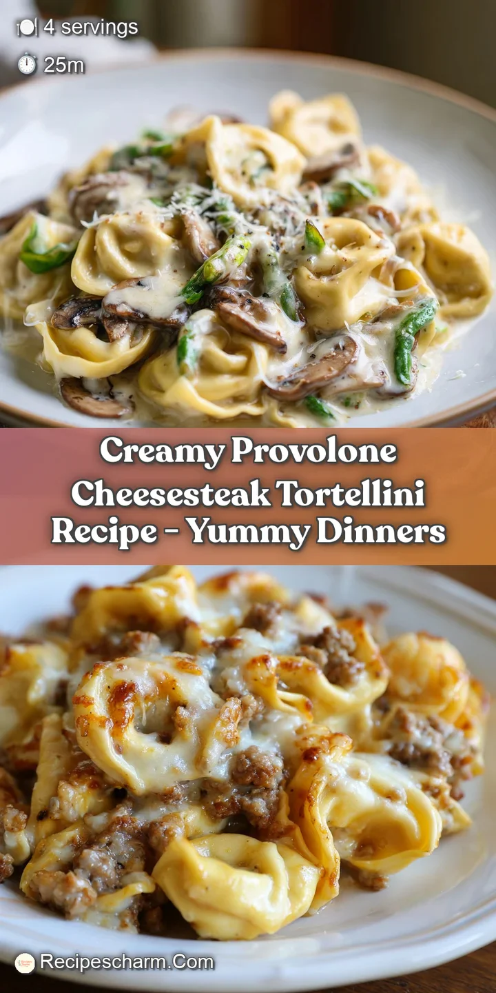 Close-up of cheesy tortellini with juicy steak; melted provolone stretches with steam rising. Parsley adds a burst of fres...