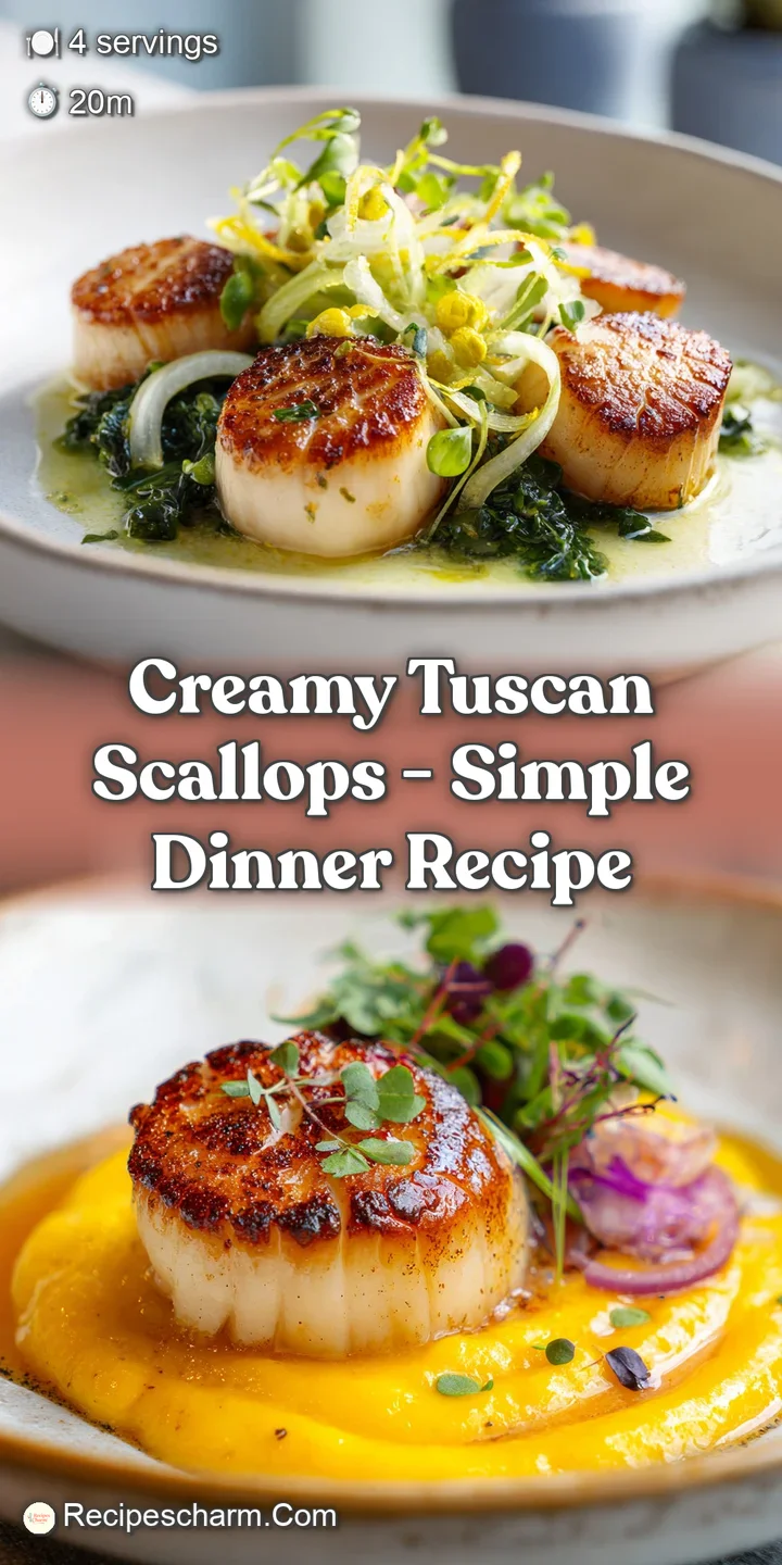 Succulent scallops bathed in a creamy sauce, speckled with bright greens and vibrant reds. An appetizing close-up reveals ...