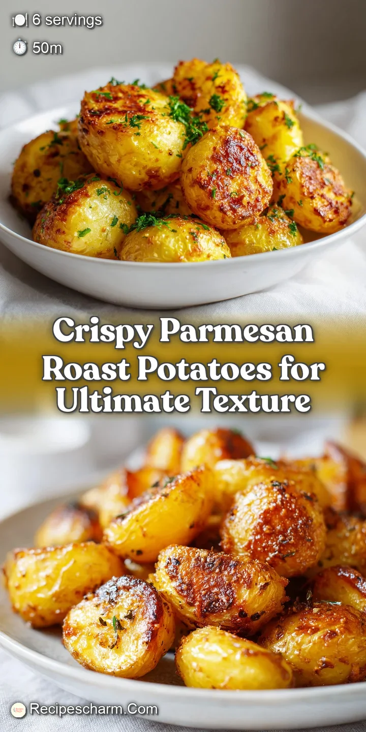 Close-up of golden roasted potatoes, their parmesan crust glistening, showing the fluffy interior and herbs clinging to th...
