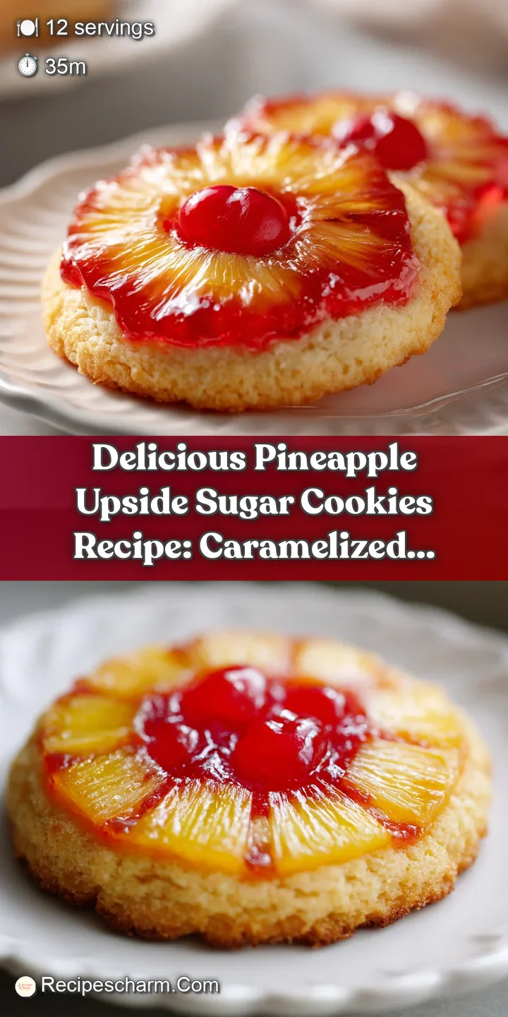 Close-up of a pineapple sugar cookie. Golden-brown caramelized pineapple glistens, surrounding a vibrant cherry. Soft, sug...