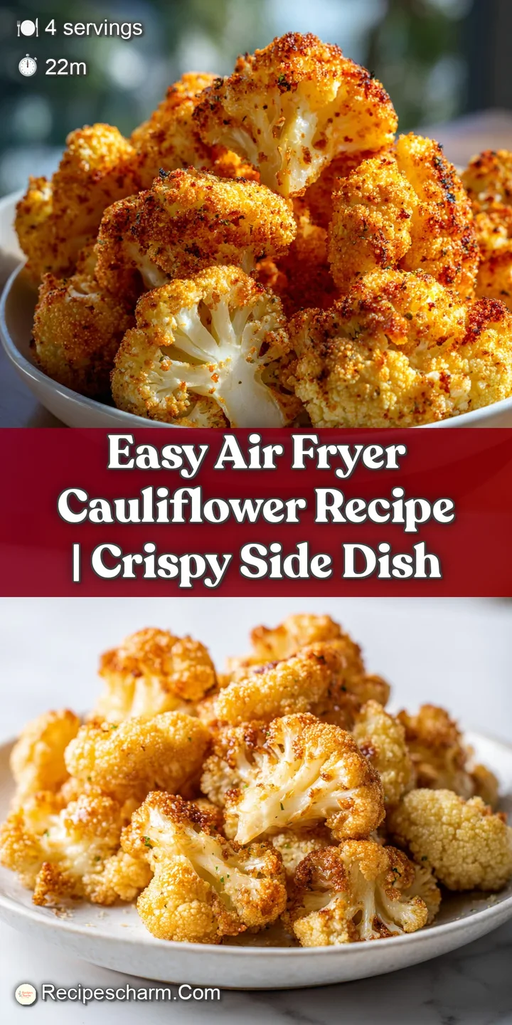 Close-up of air-fried cauliflower, showcasing golden-brown, slightly charred texture and vibrant green herbs sprinkled for...