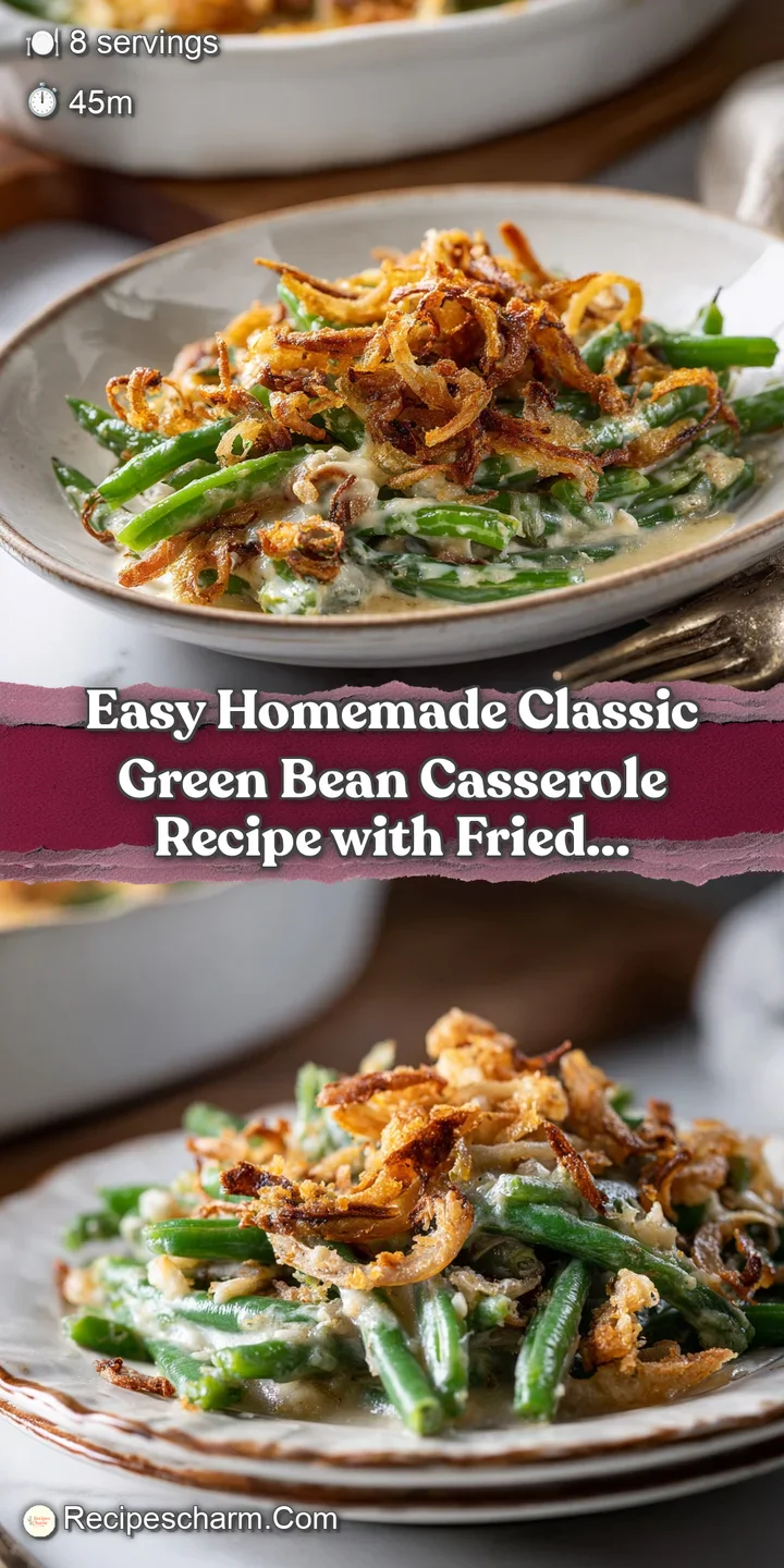 Close-up of a rich green bean casserole, showing tender beans coated in creamy sauce and onion topping.