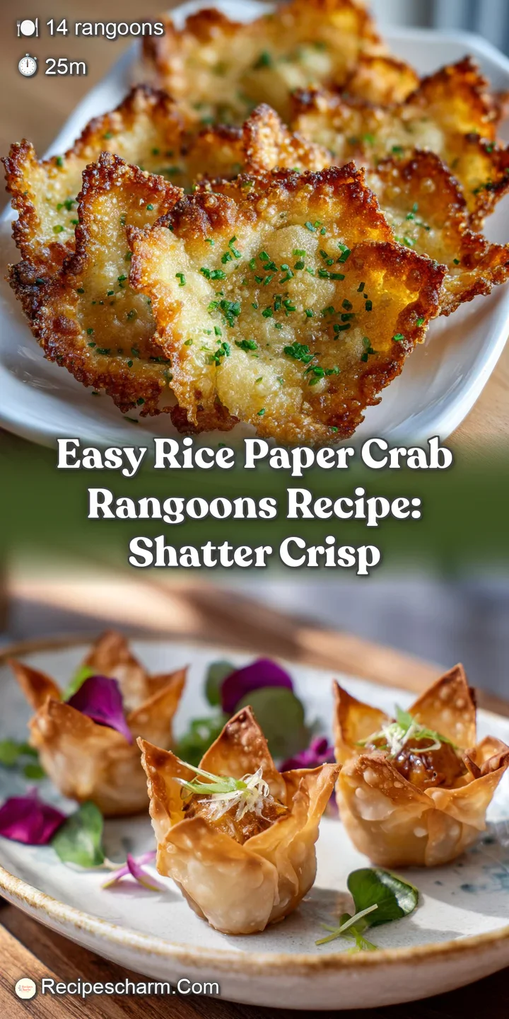 Close-up of a freshly fried crab rangoon, showing the blistered, flaky texture of the rice paper and creamy filling peekin...