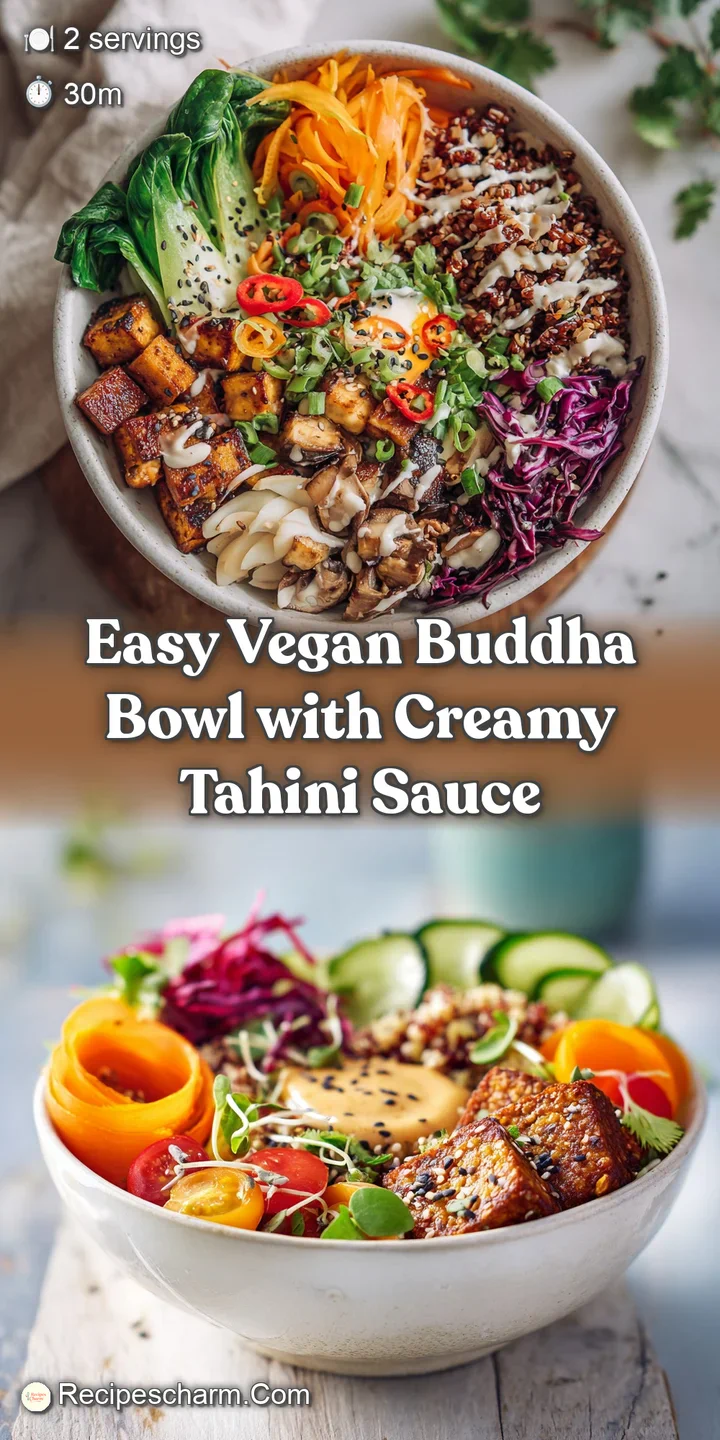 Up-close view of a Buddha bowl featuring creamy tahini dressing glistening over tender roasted vegetables and hearty grains.