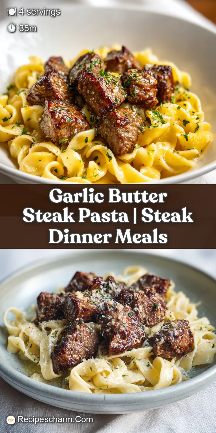 Extreme close-up of juicy, seared steak slices resting on glistening, butter-coated noodles with golden garlic bits.