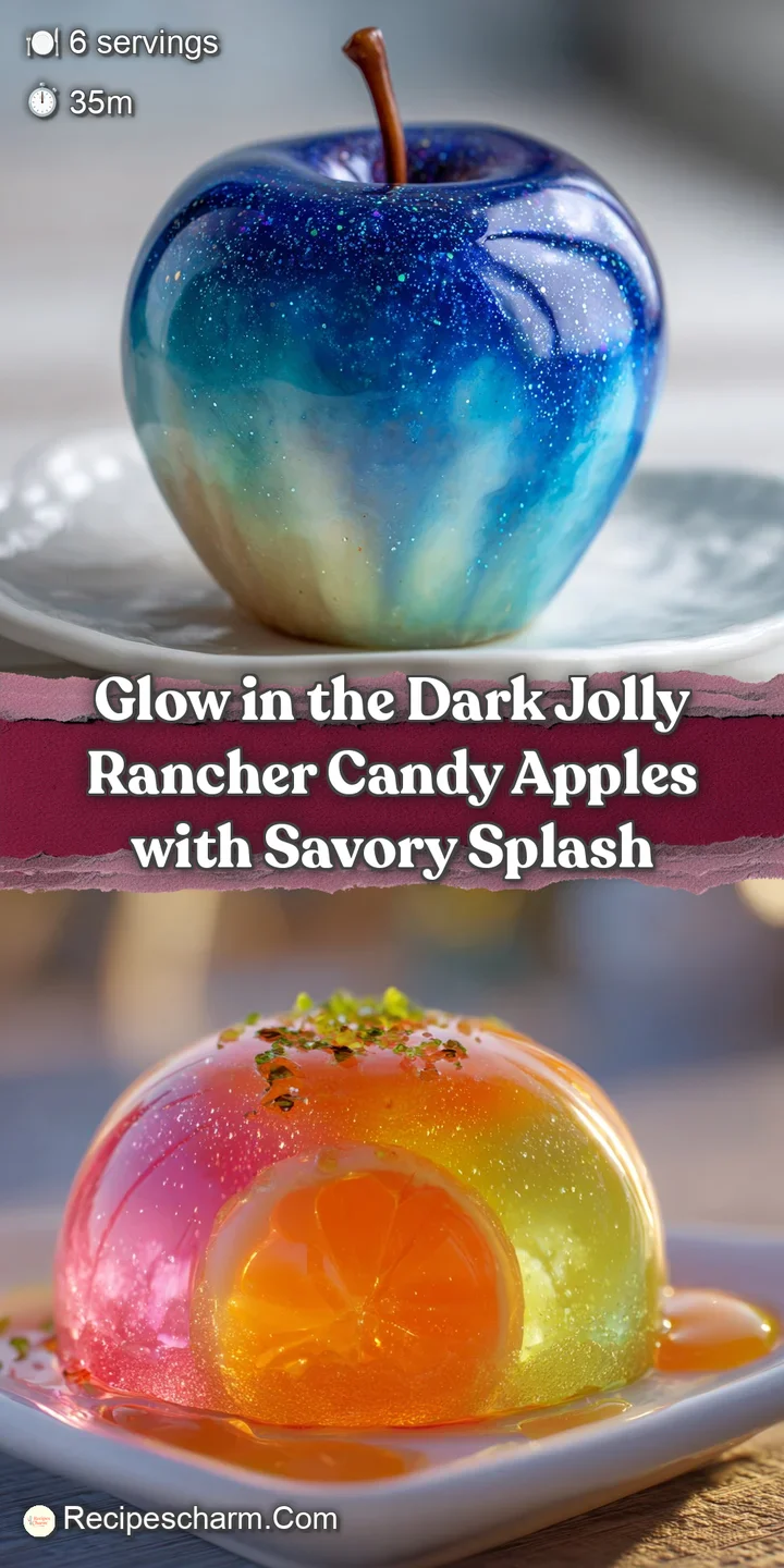 Close-up of a vibrant green candy apple, its sugary shell sparkling, with a contrasting savory sauce creating an intriguin...