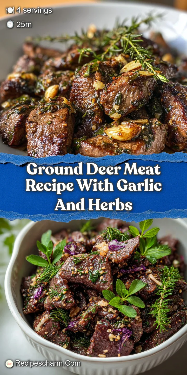 Close-up reveals juicy, tender ground deer, flecked with garlic and aromatic herbs. Mouthwatering texture and inviting aroma.