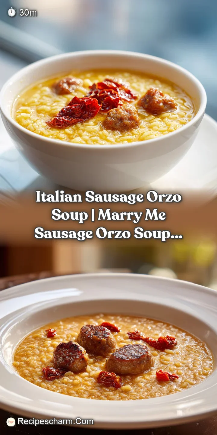 Close-up of tender orzo and juicy browned sausage pieces swimming in a rich, creamy sun-dried tomato broth.