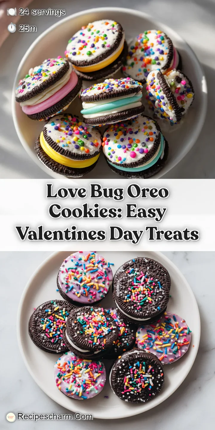 Close-up: a whimsical Love Bug Oreo, its bright red shell adorned with candy eyes & tiny hearts. Chocolate peeks from bene...