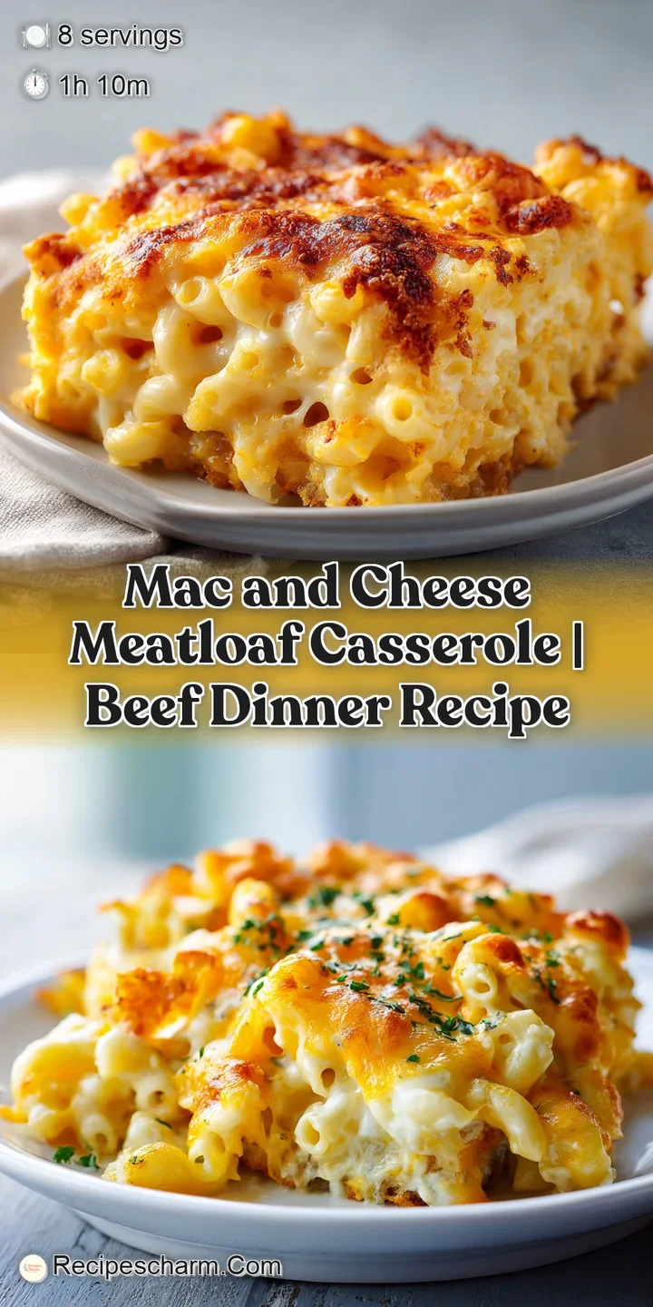 Close-up of a cheesy, baked pasta and meatloaf mixture, showing bubbling cheese and soft, tender textures.