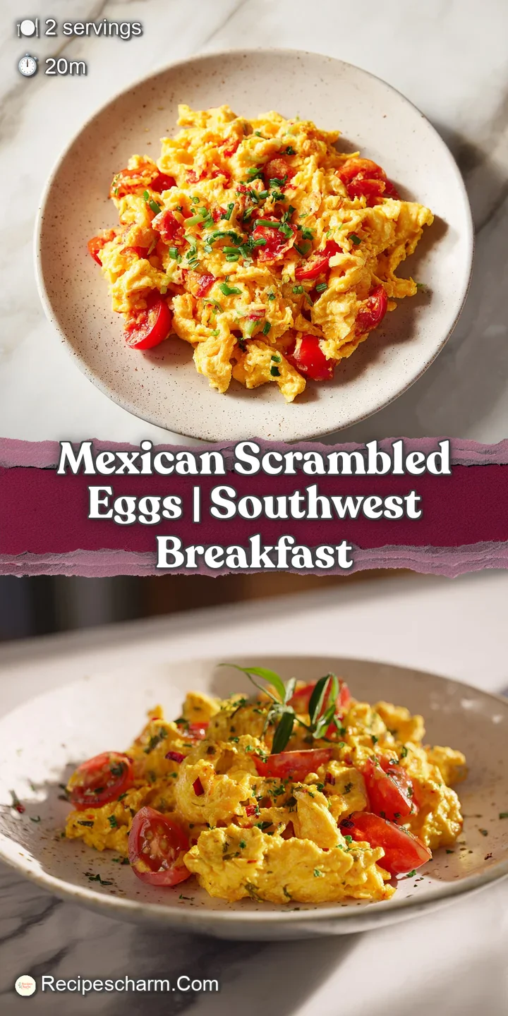 Macro shot of creamy golden eggs with melted cheese, diced red peppers, and fresh herbs in a cast iron skillet.