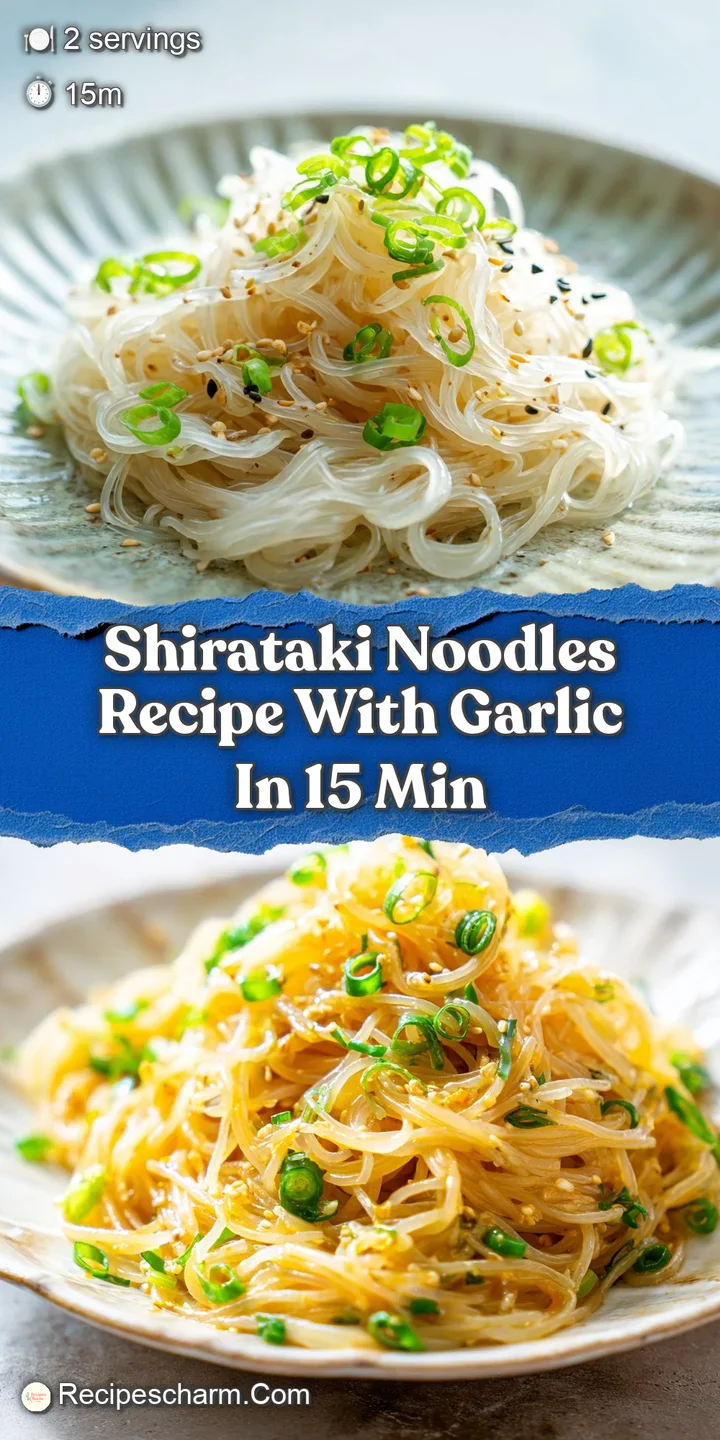 Close-up of shimmering shirataki noodles. Hints of browned garlic and vibrant chili flakes create an enticing, textured su...