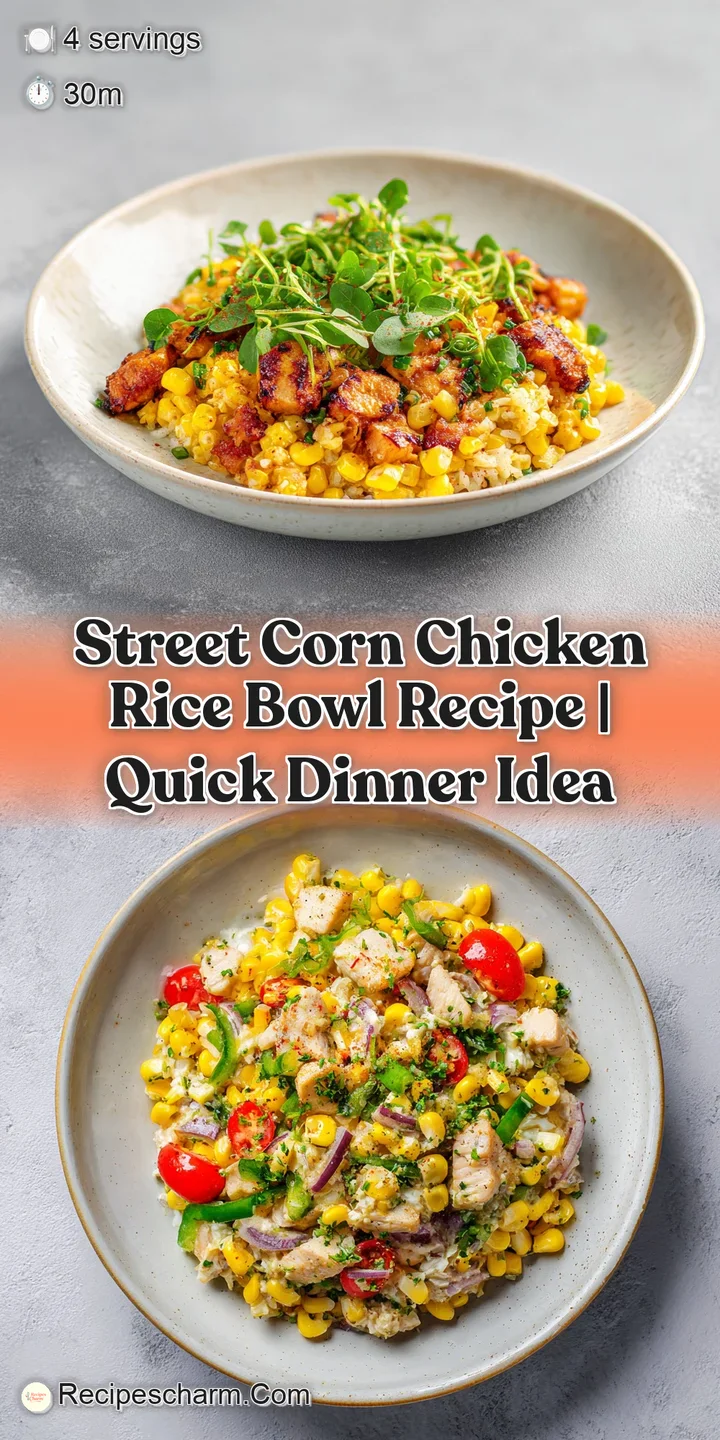 Close-up of juicy chicken and charred corn in a creamy sauce, highlighting the textures and colors of a flavorful rice bowl.