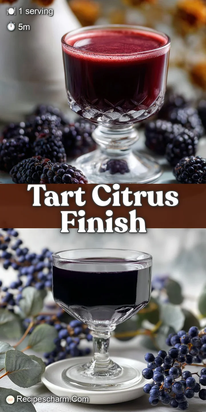 Close-up of a dark and moody purple cocktail. Icy condensation clings to the glass, highlighting the fresh blackberries an...