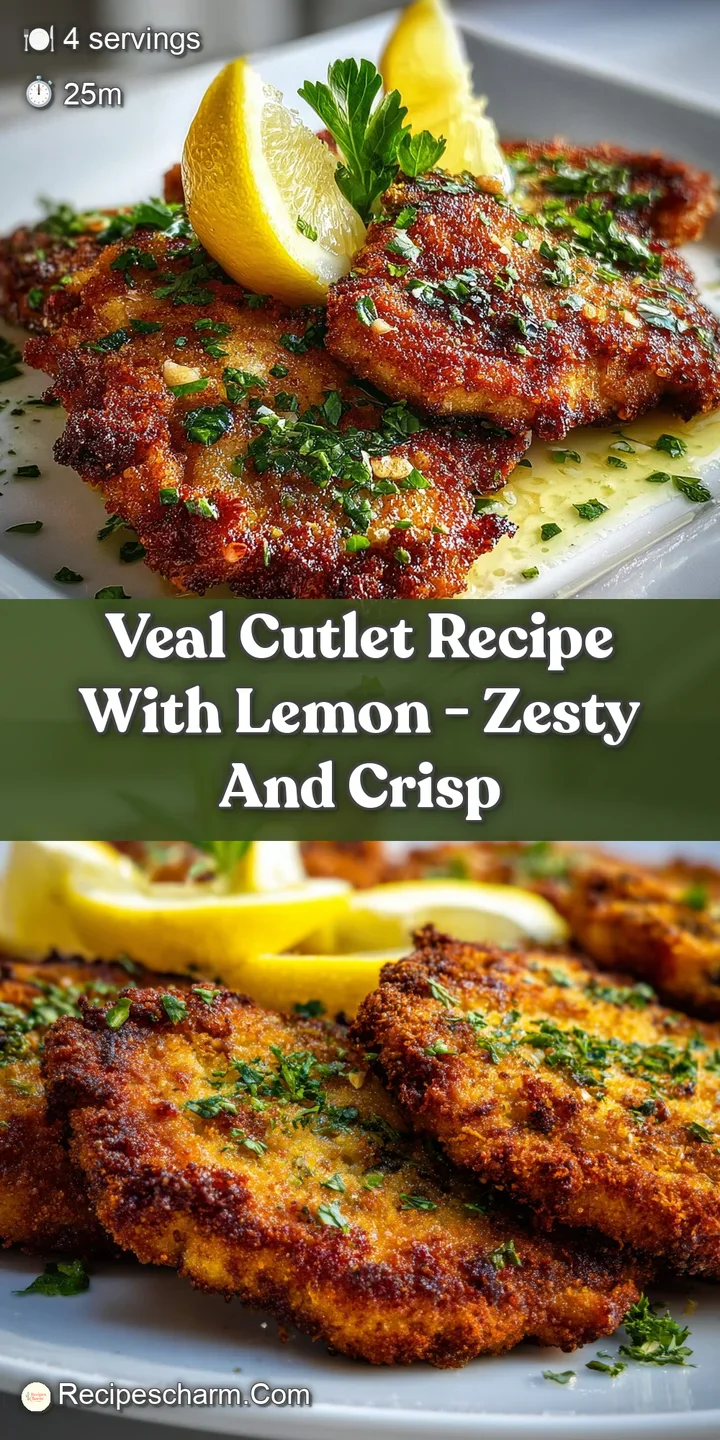 Close-up capturing the crisp, golden exterior of a veal cutlet drizzled with a bright, lemony sauce, flecked with fresh he...