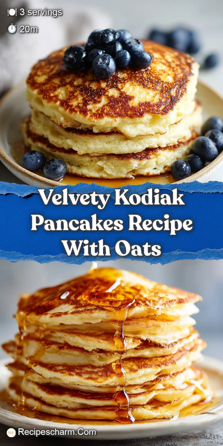 Close-up of fluffy Kodiak pancakes, showing the light texture and dripping syrup, topped with creamy yogurt and bright, fr...
