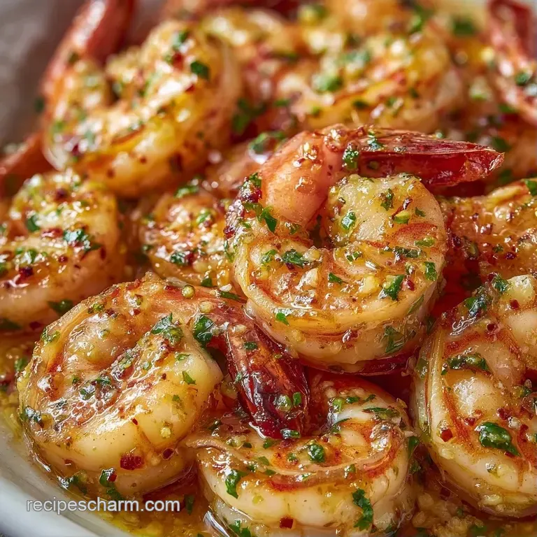 Glistening pink shrimp on a white ceramic plate, garnished with a bright lemon wedge and fresh green herbs.