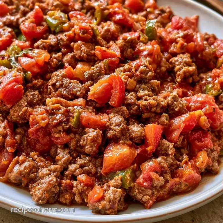 A portion of seasoned browned beef served on a white plate, garnished with a sprinkle of fresh green herbs