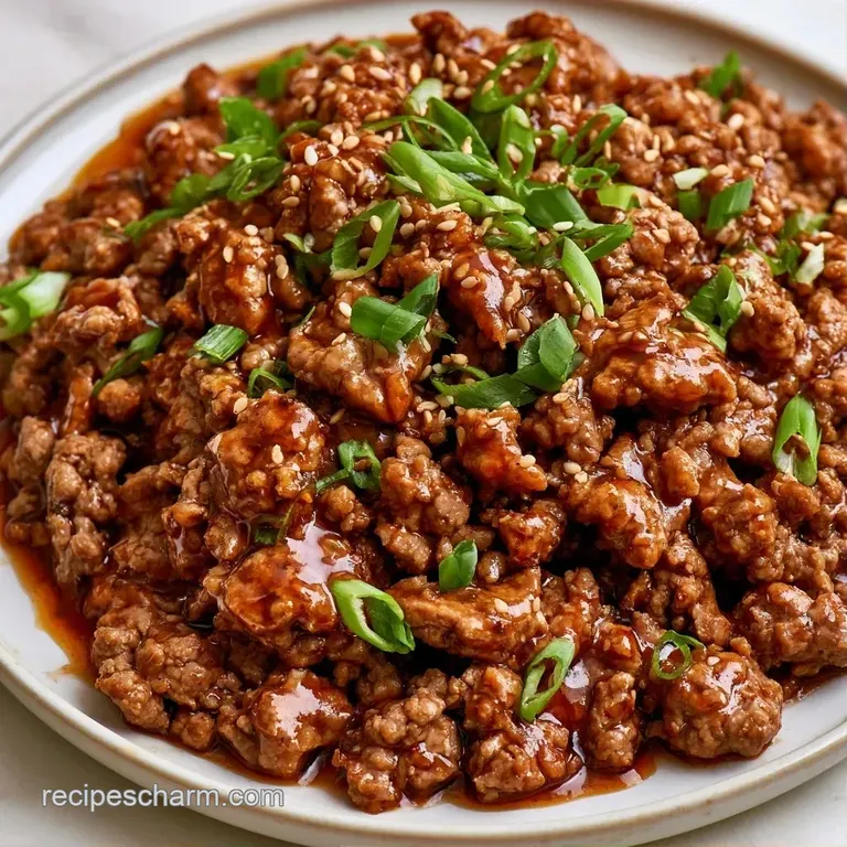 Glistening browned beef served over a bed of steamed white rice in a ceramic bowl with fresh sliced green onions.