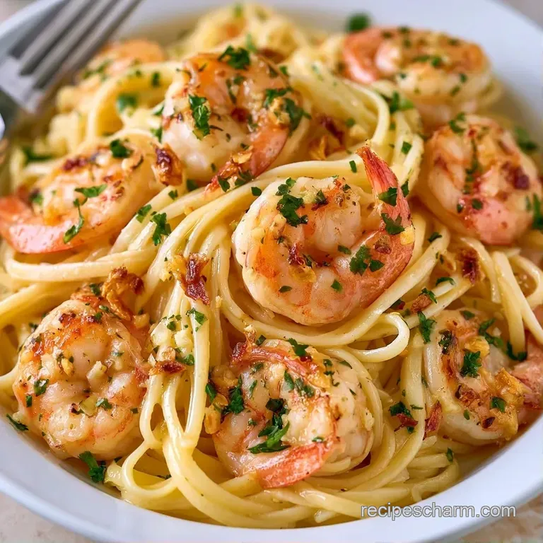 Swirled buttery pasta and seared pink shrimp in a white ceramic bowl, accented by a sprinkle of red pepper flakes.