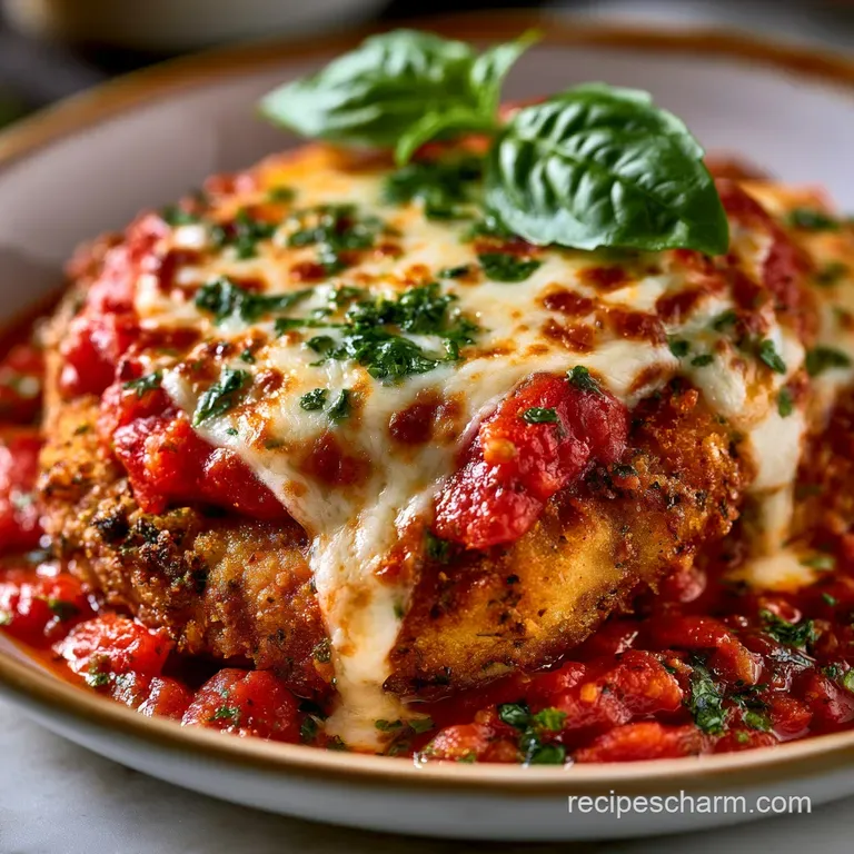 Elegant plate featuring a cheesy chicken breast atop al dente pasta, garnished with a sprig of fresh green basil.