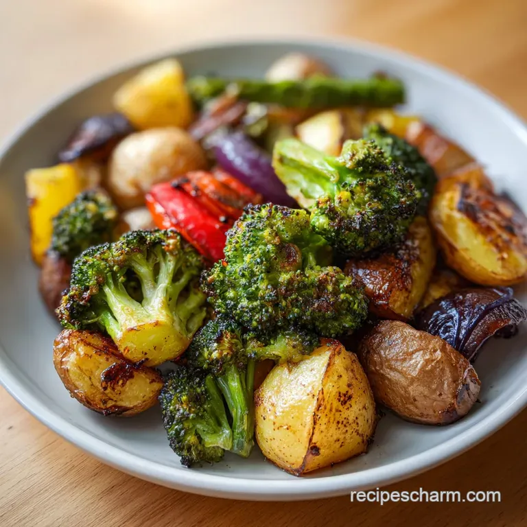 Neatly arranged golden-brown roasted vegetables on a white ceramic plate, garnished with a sprinkle of fresh parsley.
