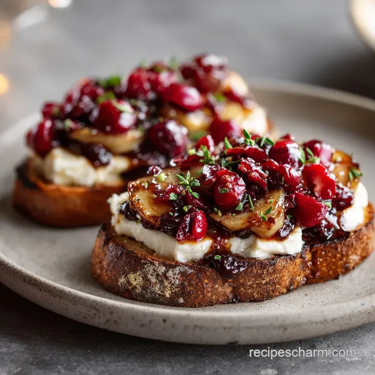 Elegant crostini arrangement with glistening brie, ruby cranberries, and a drizzle of balsamic reduction.