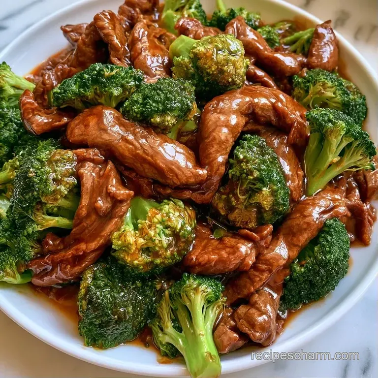 Elegant white bowl of glistening beef and green broccoli florets topped with toasted sesame seeds and sliced scallions.