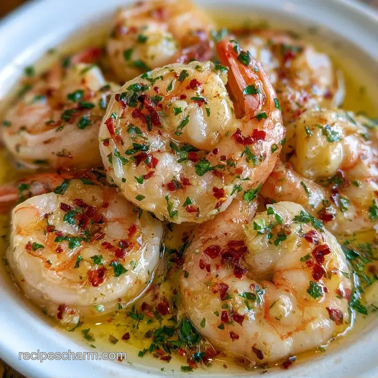 Pink curled shrimp glistening in a buttery glaze, plated on a white dish with fresh lemon and herb accents.