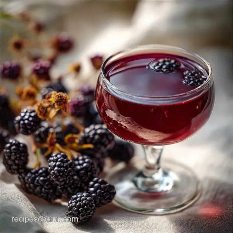 Elegant cocktail glass filled with a vibrant purple drink. Blackberries sit atop, alongside a bright orange slice, on a da...