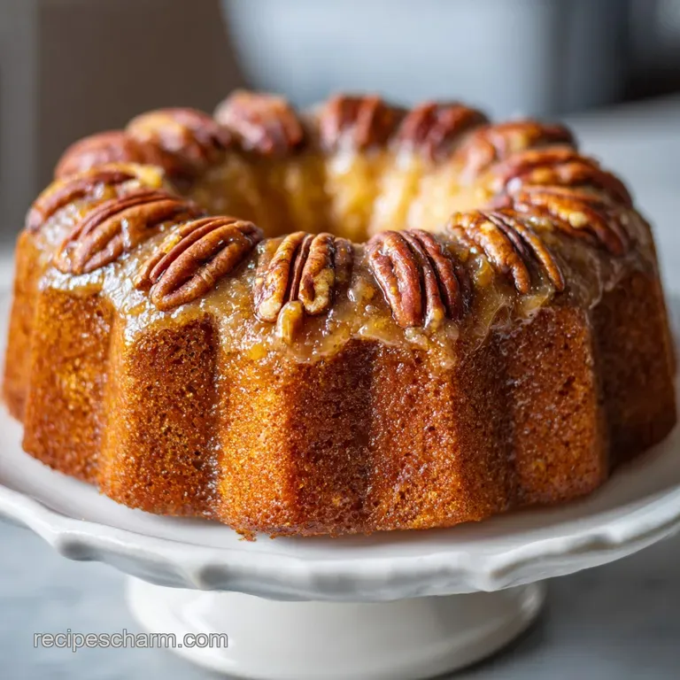 Elegant slice of butter pecan cake on a white plate. Soft, light crumb, nutty aroma, and rich buttery glaze cascade down t...