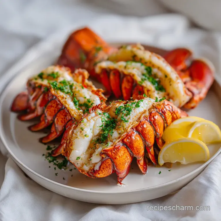 Perfectly poached lobster tail, pearly white with coral accents, artistically presented. Elegant dining with rich, decaden...