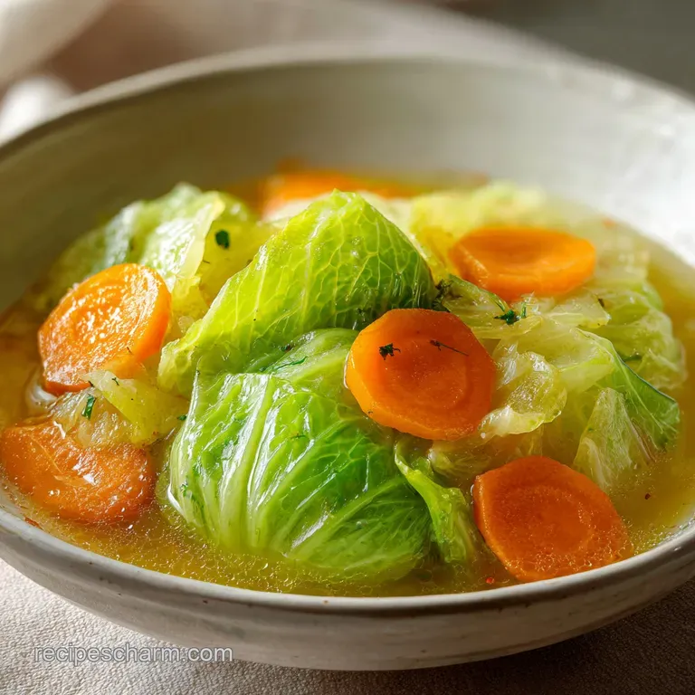 A white ceramic bowl of vegetable soup garnished with fresh parsley, set on a rustic wooden table with a spoon.