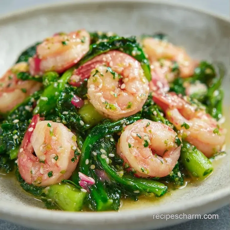 Vibrant shrimp and crisp vegetables arranged on a white ceramic plate, topped with toasted white sesame seeds.
