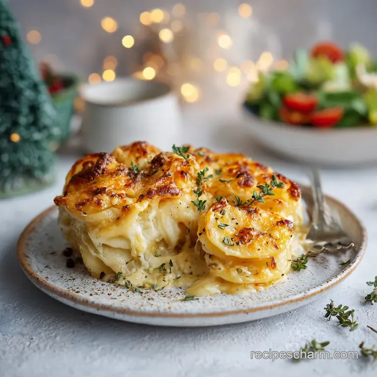 A steaming serving of cheesy scalloped potatoes, golden brown and bubbly, garnished with fresh chives.