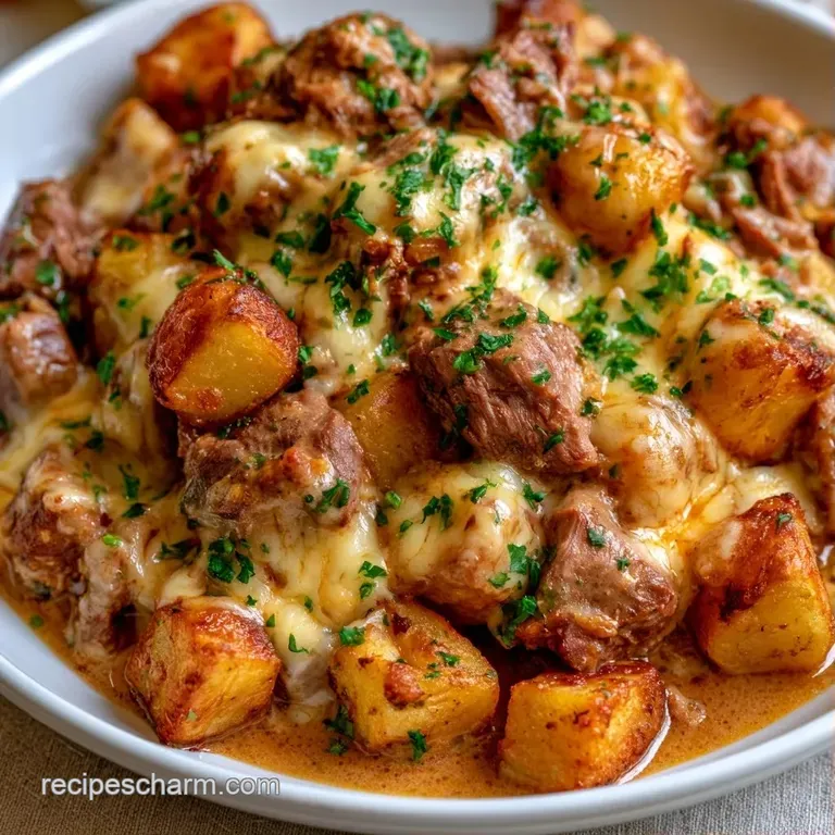 A white ceramic bowl filled with savory beef and soft potatoes, topped with melted cheese and a sprinkle of parsley.