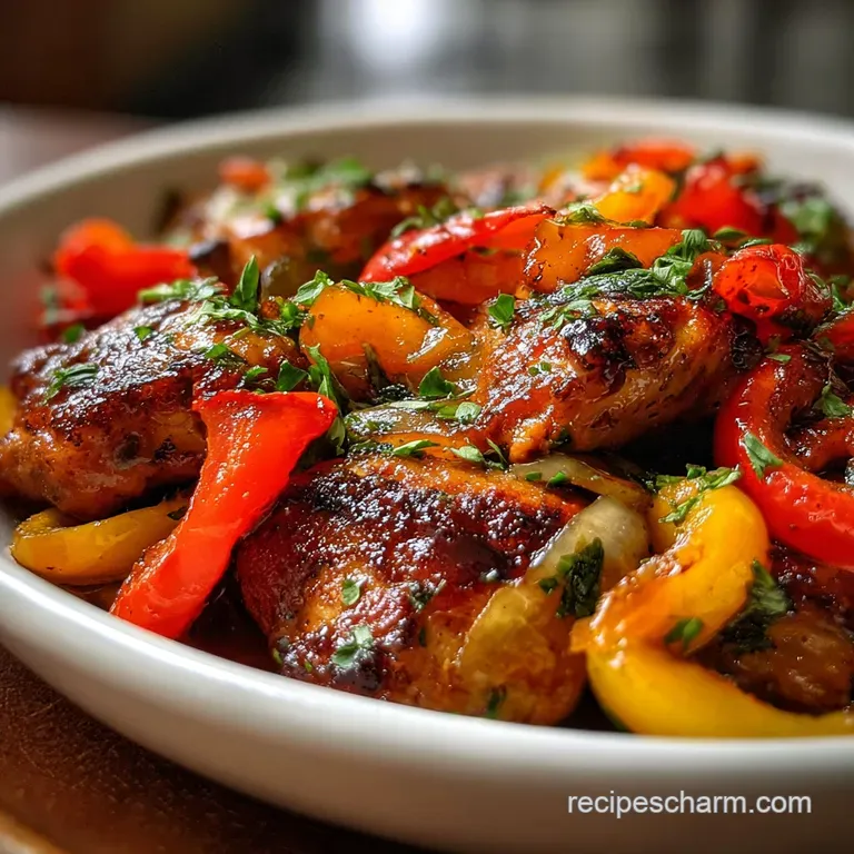 Pan-seared chicken and bell peppers plated beautifully, steam rising, with a side of fluffy quinoa, ready to eat.