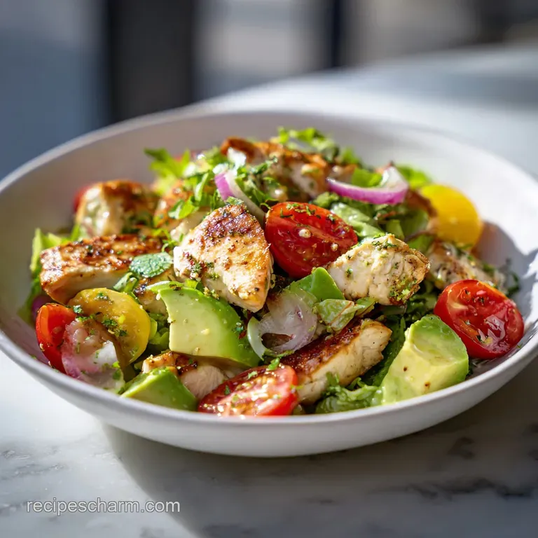 A bright and appealing plate featuring creamy chicken and avocado salad, garnished with sprouts. Simple, healthy, and deli...