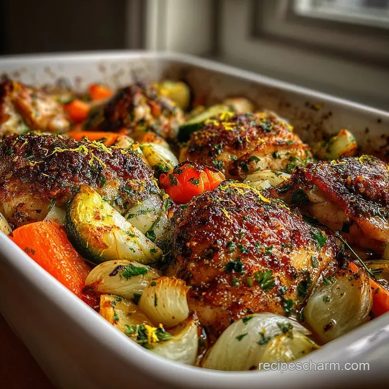 Perfectly portioned chicken and vegetable skillet on a white plate, garnished with fresh herbs. Light steam rising.