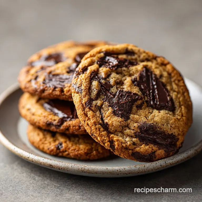 Stacked chocolate chunk cookies served with a tall glass of cold milk. Crumbly, textured, and decadent dessert setting.
