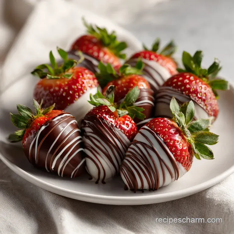 A trio of plump, chocolate-dipped strawberries displayed on a pristine white plate, hinting at rich indulgence and sweet p...