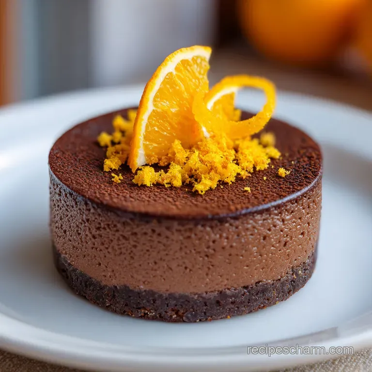 Slice of decadent baked cheesecake drizzled with ganache and orange zest, plated with fresh berries and a sprig of mint.