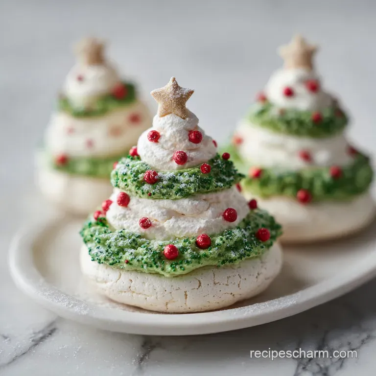 A circular arrangement of airy, ivory meringue trees adorned with vibrant red candied cranberries.