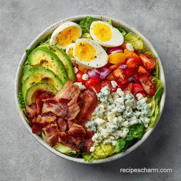 Artfully arranged Cobb salad with distinct sections of colorful ingredients, elegantly plated for a tempting visual.